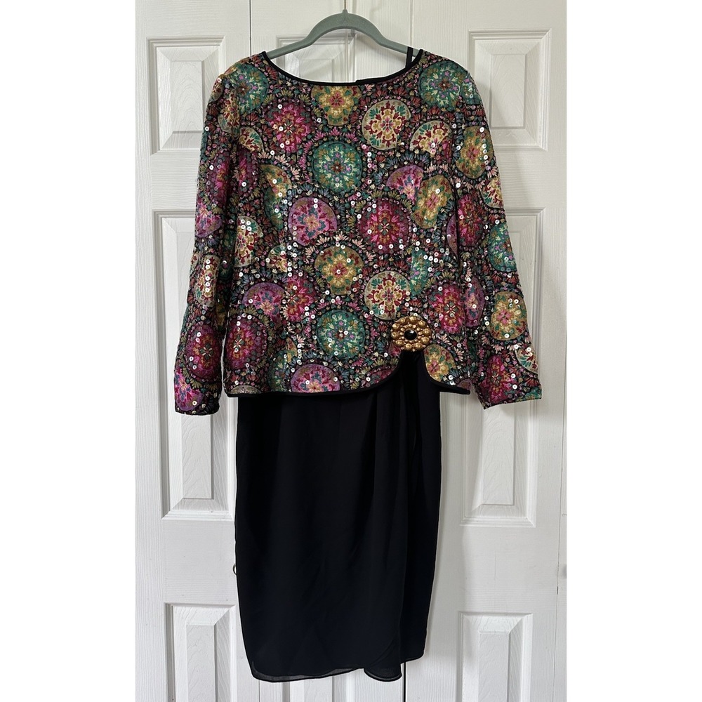 Vtg 80s Anne Crimmins Umi Silk Sequined Colorful Top Dress Two Piece Size 16